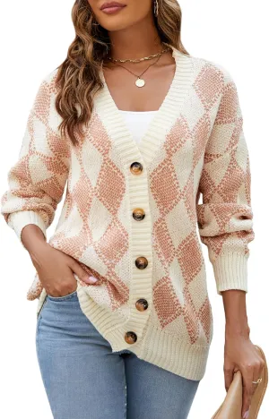 ZAFUL Women's Cardigan Sweaters Argyle Plaid Long Sleeve Button Down Preppy Oversized Chunky Knit Outerwear