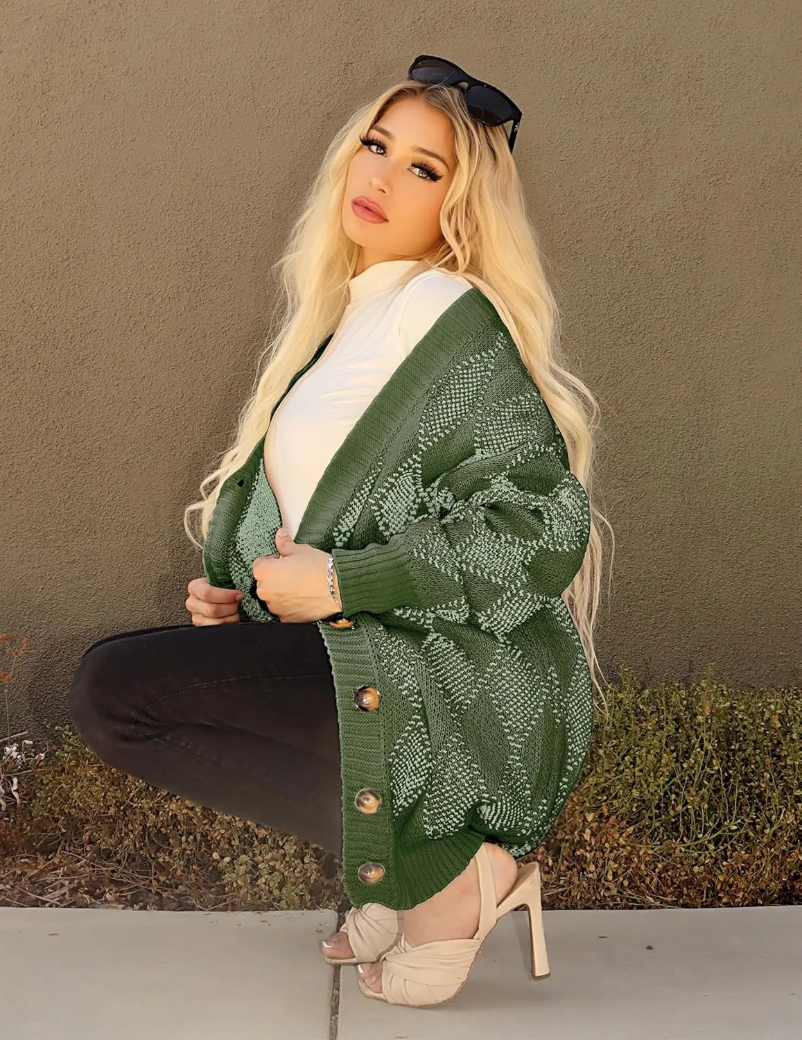 ZAFUL Women's Cardigan Sweaters Argyle Plaid Long Sleeve Button Down Preppy Oversized Chunky Knit Outerwear