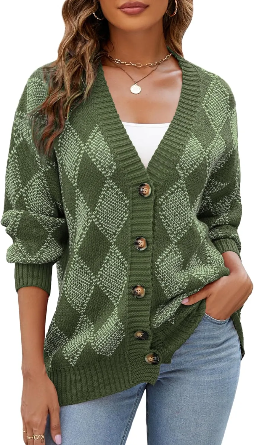 ZAFUL Women's Cardigan Sweaters Argyle Plaid Long Sleeve Button Down Preppy Oversized Chunky Knit Outerwear