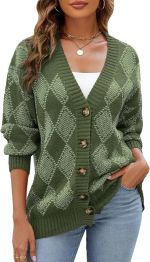 ZAFUL Women's Cardigan Sweaters Argyle Plaid Long Sleeve Button Down Preppy Oversized Chunky Knit Outerwear