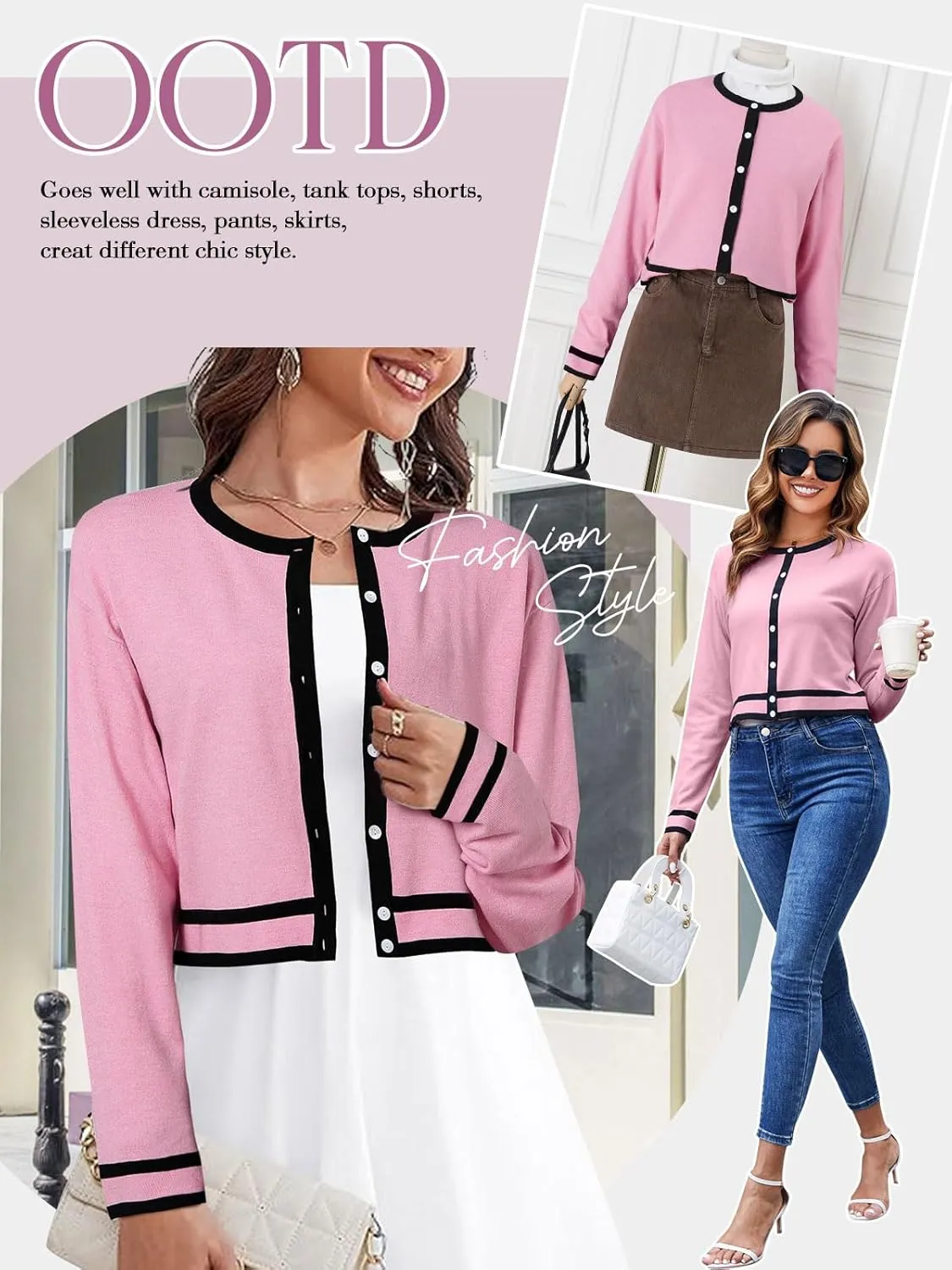 ZANZEA Cropped Cardigan Sweaters for Women Color Block Lightweight Bolero Shrug Button Down Long Sleeve Tops Fall Outfits