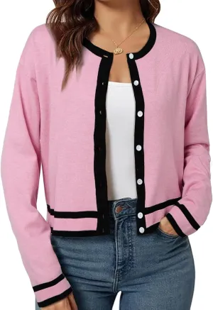 ZANZEA Cropped Cardigan Sweaters for Women Color Block Lightweight Bolero Shrug Button Down Long Sleeve Tops Fall Outfits