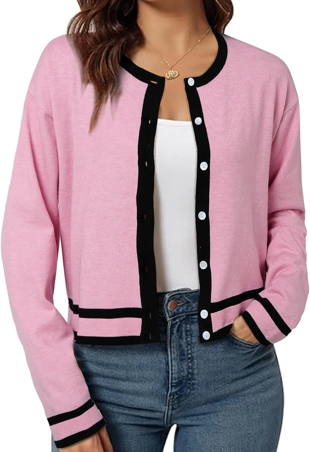 ZANZEA Cropped Cardigan Sweaters for Women Color Block Lightweight Bolero Shrug Button Down Long Sleeve Tops Fall Outfits