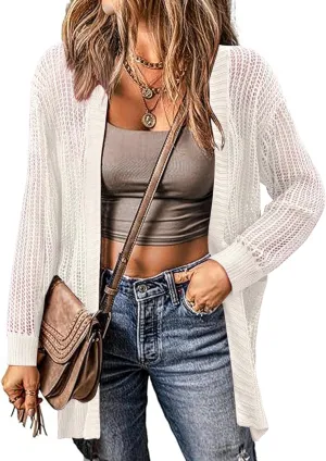 Zeagoo Women 2025 Lightweight Crochet Cardigan Long Sleeve Open Front Knit Sweater Summer Kimono Cover Up with Pockets
