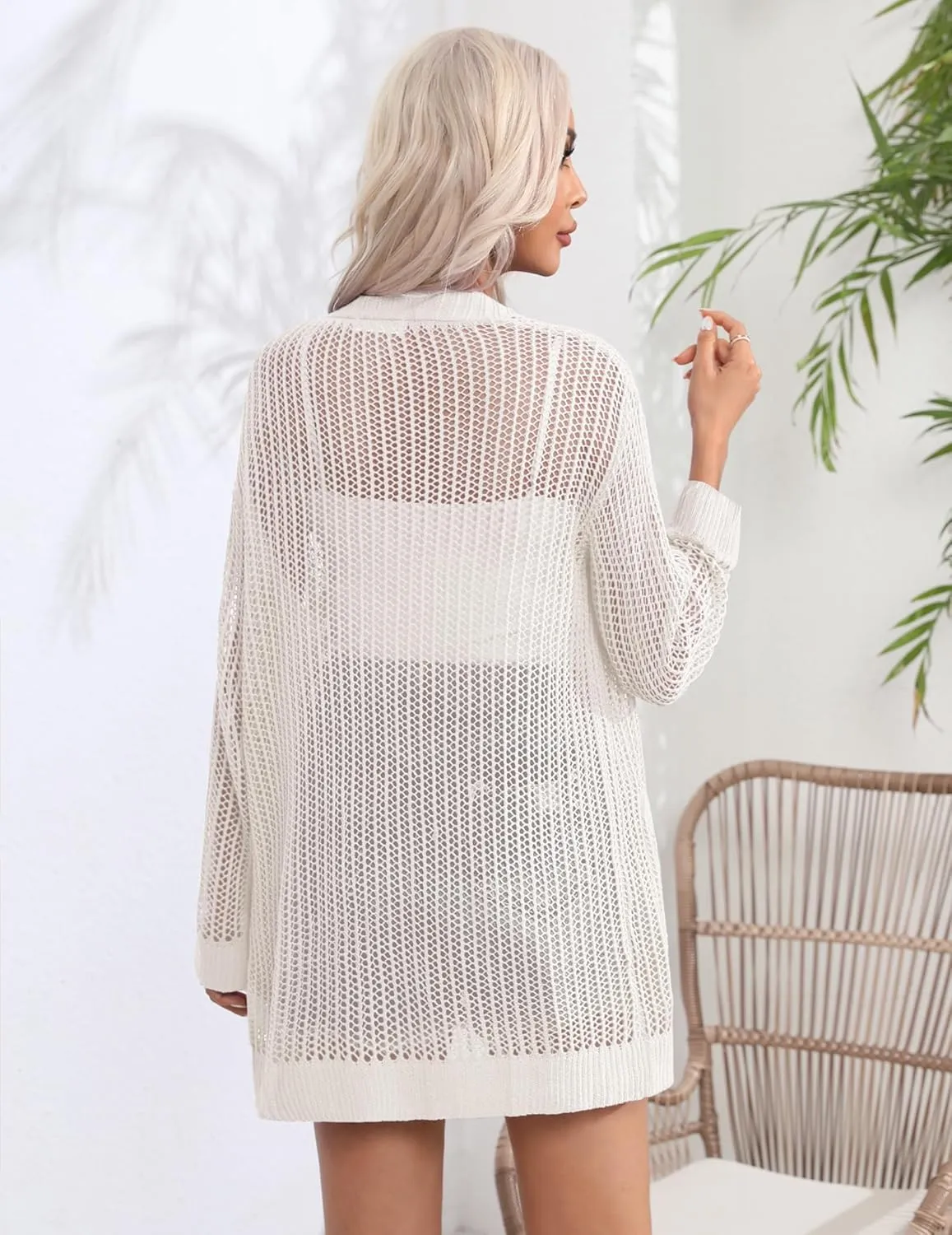 Zeagoo Women 2025 Lightweight Crochet Cardigan Long Sleeve Open Front Knit Sweater Summer Kimono Cover Up with Pockets