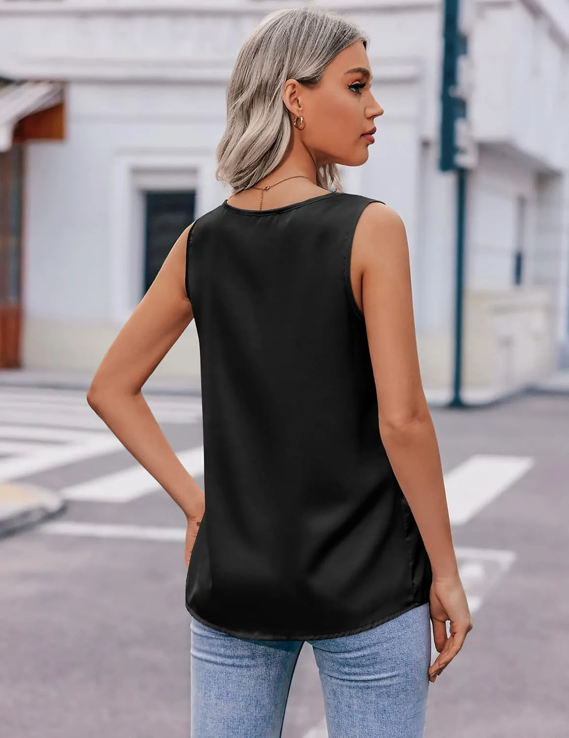 Zeagoo Womens 2025 Silk Satin Tank Tops V Neck Casual Cami Sleeveless Camisole Blouses Summer Basic Tank Shirt