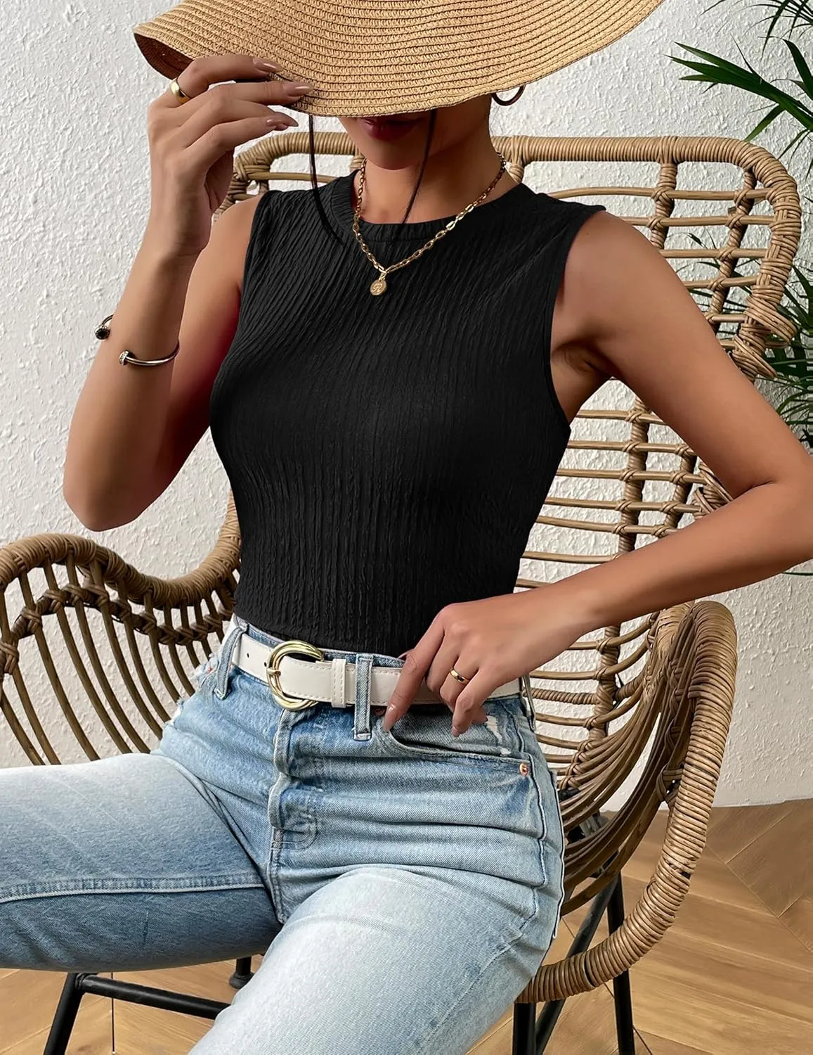 Zeagoo Women's High Neck Tank Top 2025 Summer Casual Ribbed Knit Slim Fitted Basic Textured Sleeveless Shirts