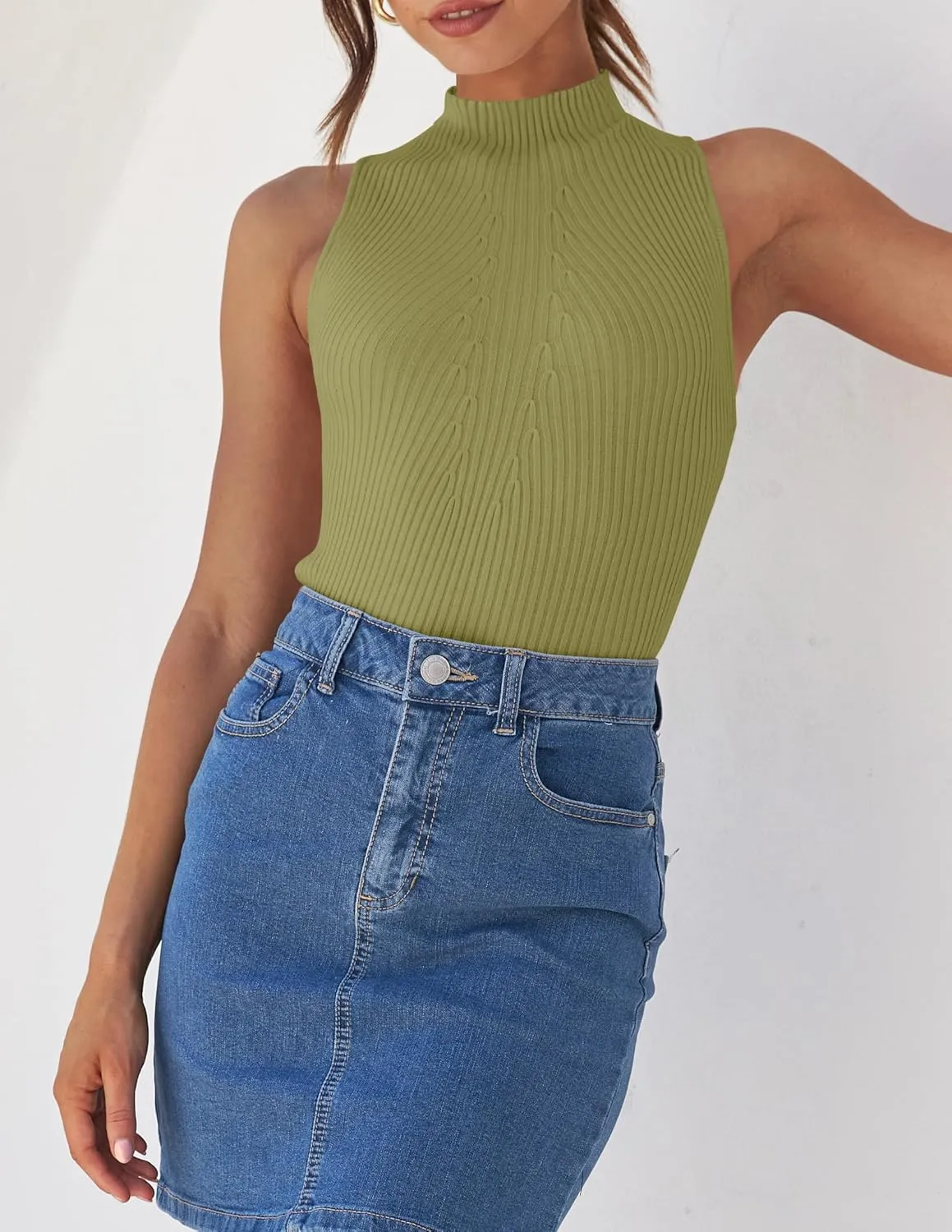 ZESICA Women's Summer Ribbed High Neck Tank Tops Slim Fit Fashion Casual Basic Knit Sleeveless Shirts