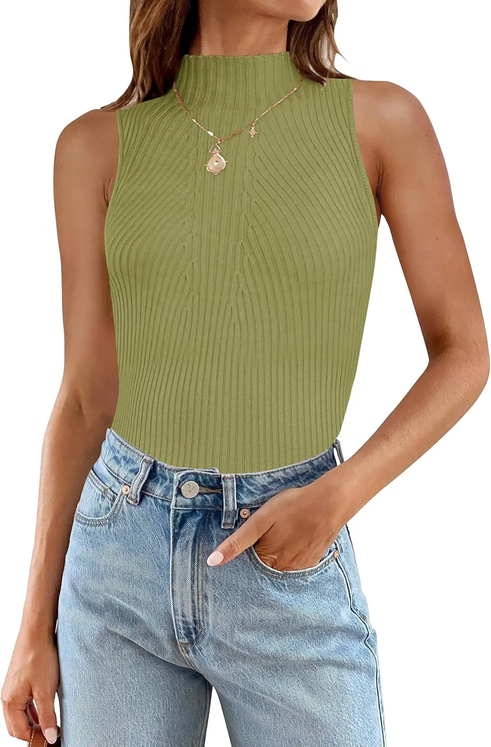 ZESICA Women's Summer Ribbed High Neck Tank Tops Slim Fit Fashion Casual Basic Knit Sleeveless Shirts