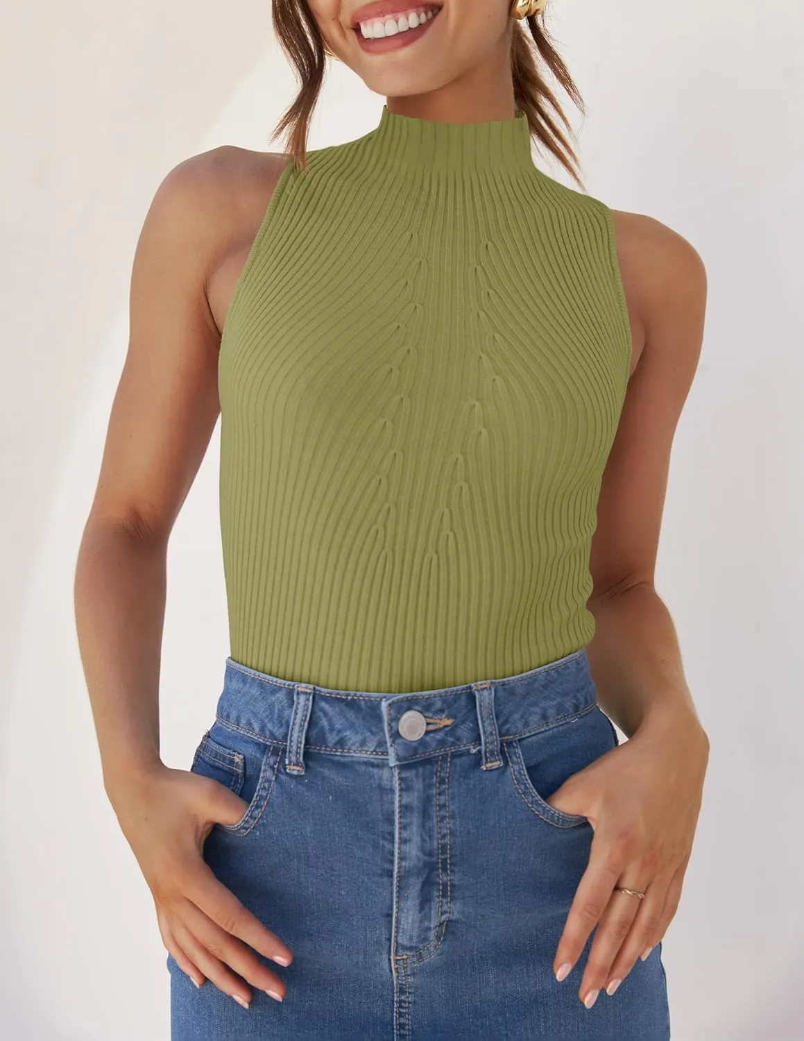 ZESICA Women's Summer Ribbed High Neck Tank Tops Slim Fit Fashion Casual Basic Knit Sleeveless Shirts