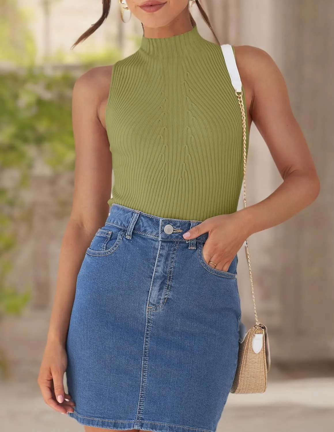 ZESICA Women's Summer Ribbed High Neck Tank Tops Slim Fit Fashion Casual Basic Knit Sleeveless Shirts