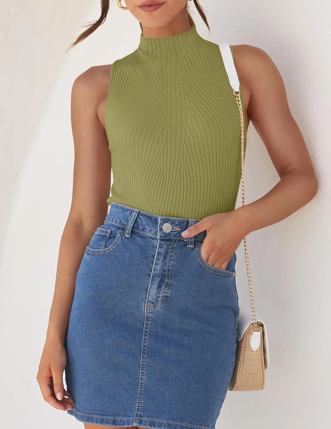 ZESICA Women's Summer Ribbed High Neck Tank Tops Slim Fit Fashion Casual Basic Knit Sleeveless Shirts