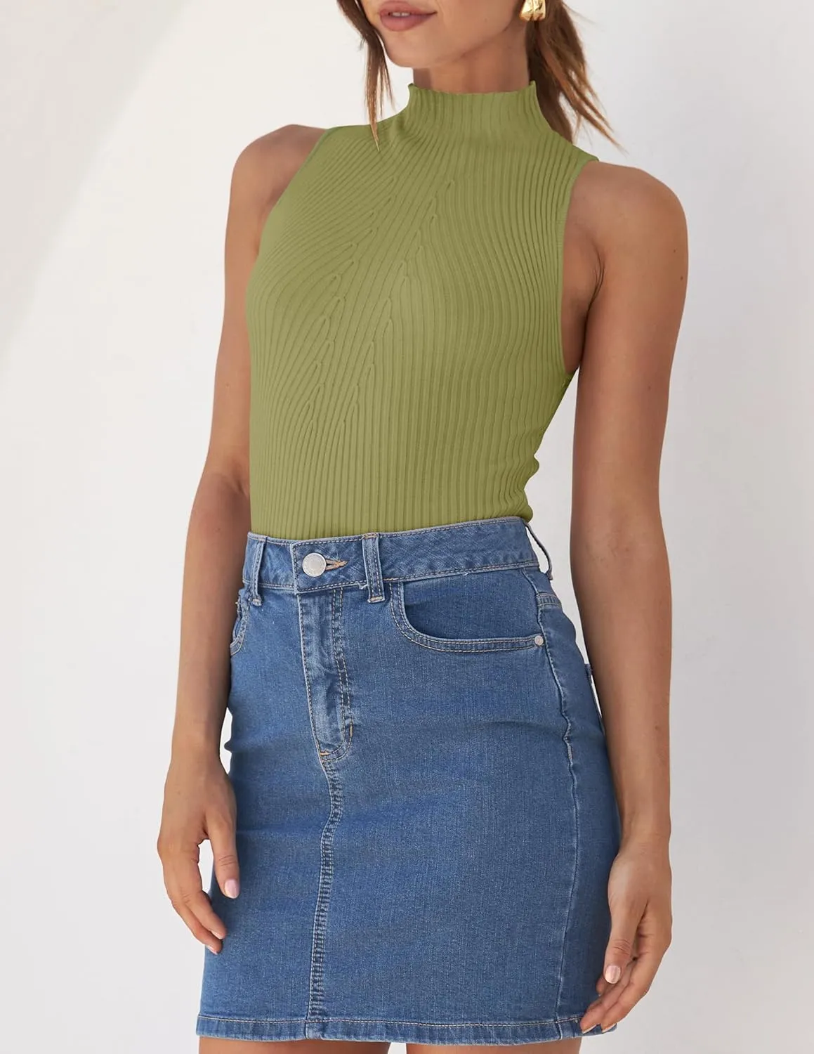 ZESICA Women's Summer Ribbed High Neck Tank Tops Slim Fit Fashion Casual Basic Knit Sleeveless Shirts