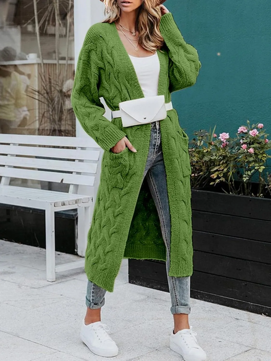 ZIWOCH Women's Long Cardigan Coats Cable Knit Casual Open Front Long Sleeve Loose Sweater with Pockets
