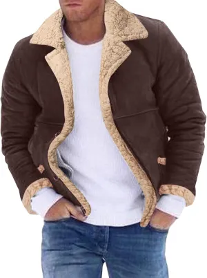 ZWRXW Men's Sheepskin Leather Jackets Shearling Fur Lined Bomber Jacket Winter Thicke Warm Lapel Outwear Coats with Pockets
