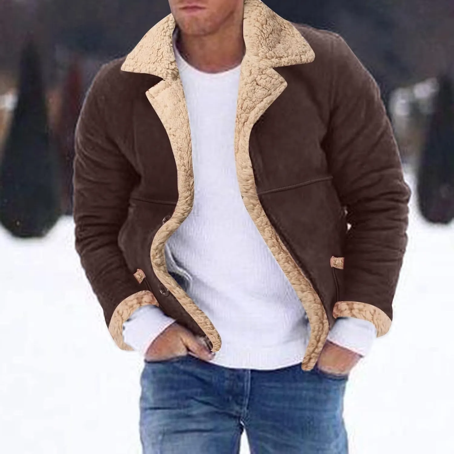 ZWRXW Men's Sheepskin Leather Jackets Shearling Fur Lined Bomber Jacket Winter Thicke Warm Lapel Outwear Coats with Pockets