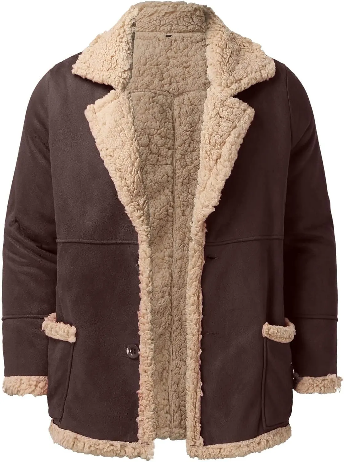 ZWRXW Men's Sheepskin Leather Jackets Shearling Fur Lined Bomber Jacket Winter Thicke Warm Lapel Outwear Coats with Pockets