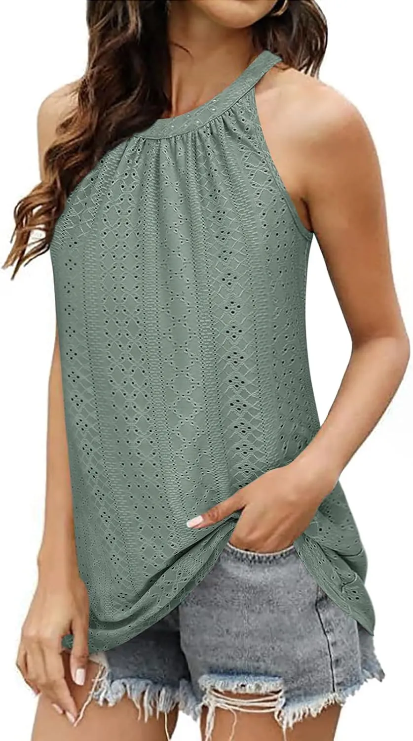 Zwurew Tank Top for Women Loose Fit High Neck Sleeveless Halter Tops Casual Pleated Eyelet Summer Flowy Cami Shirts Blouse