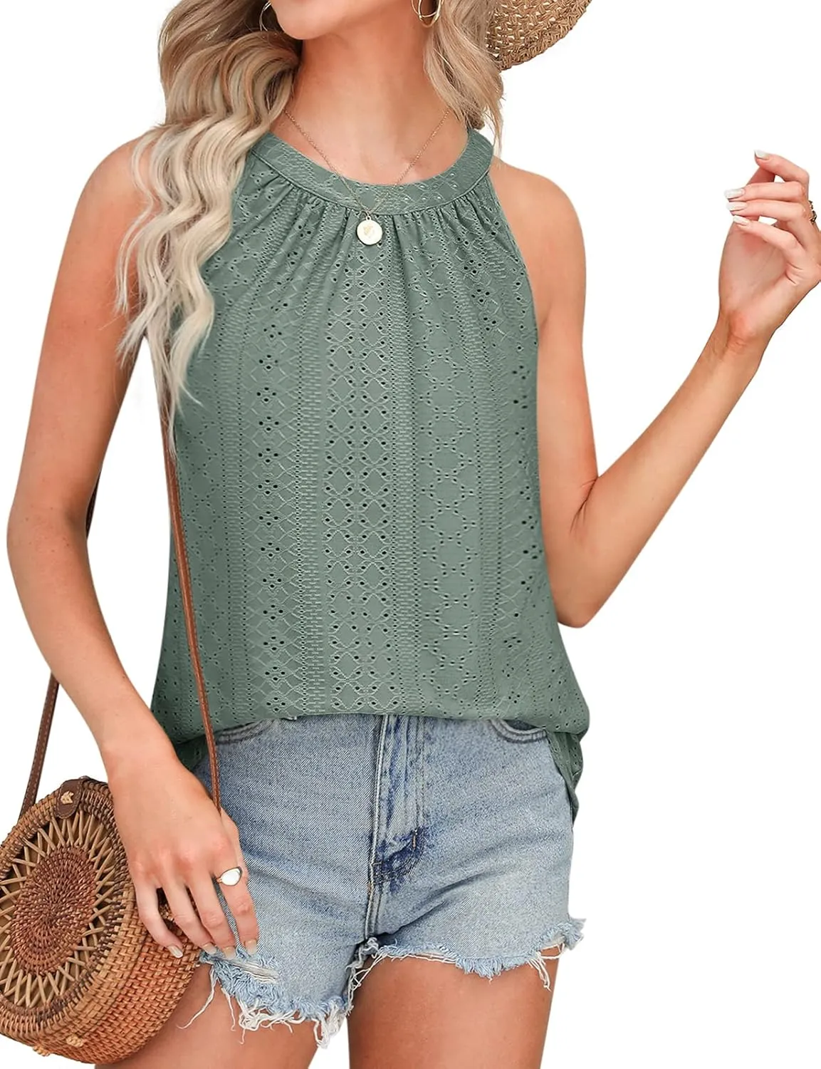 Zwurew Tank Top for Women Loose Fit High Neck Sleeveless Halter Tops Casual Pleated Eyelet Summer Flowy Cami Shirts Blouse