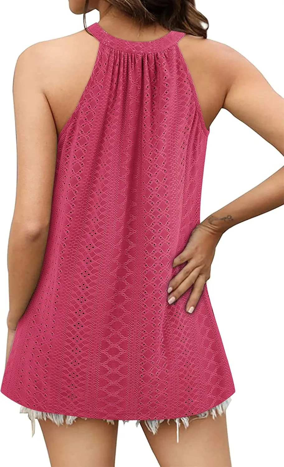 Zwurew Tank Top for Women Loose Fit High Neck Sleeveless Halter Tops Casual Pleated Eyelet Summer Flowy Cami Shirts Blouse