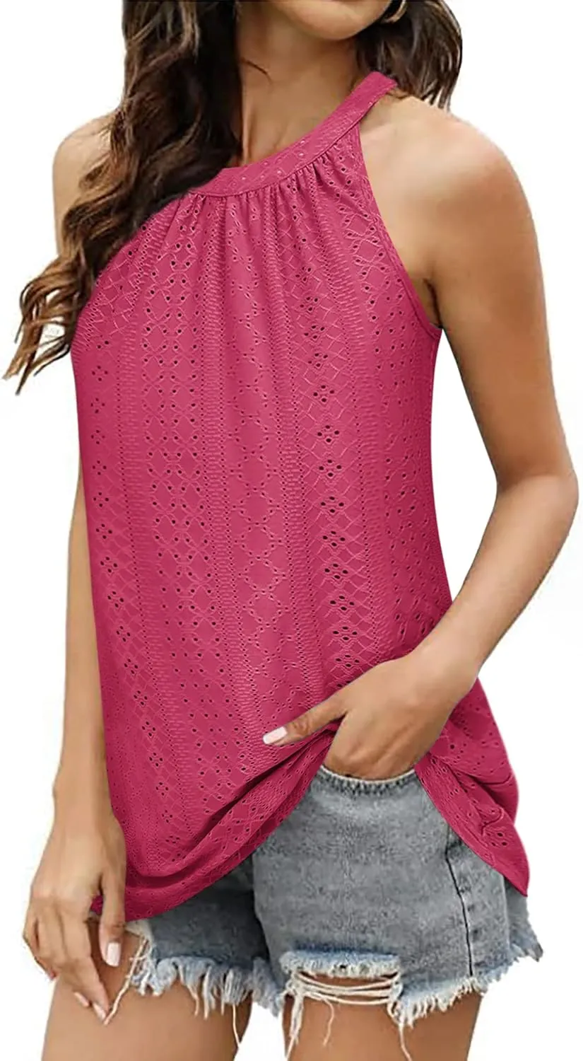 Zwurew Tank Top for Women Loose Fit High Neck Sleeveless Halter Tops Casual Pleated Eyelet Summer Flowy Cami Shirts Blouse