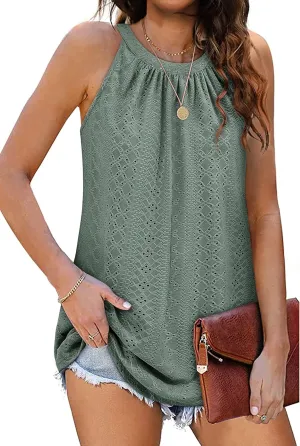 Zwurew Tank Top for Women Loose Fit High Neck Sleeveless Halter Tops Casual Pleated Eyelet Summer Flowy Cami Shirts Blouse