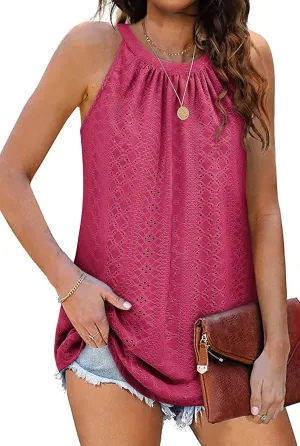 Zwurew Tank Top for Women Loose Fit High Neck Sleeveless Halter Tops Casual Pleated Eyelet Summer Flowy Cami Shirts Blouse