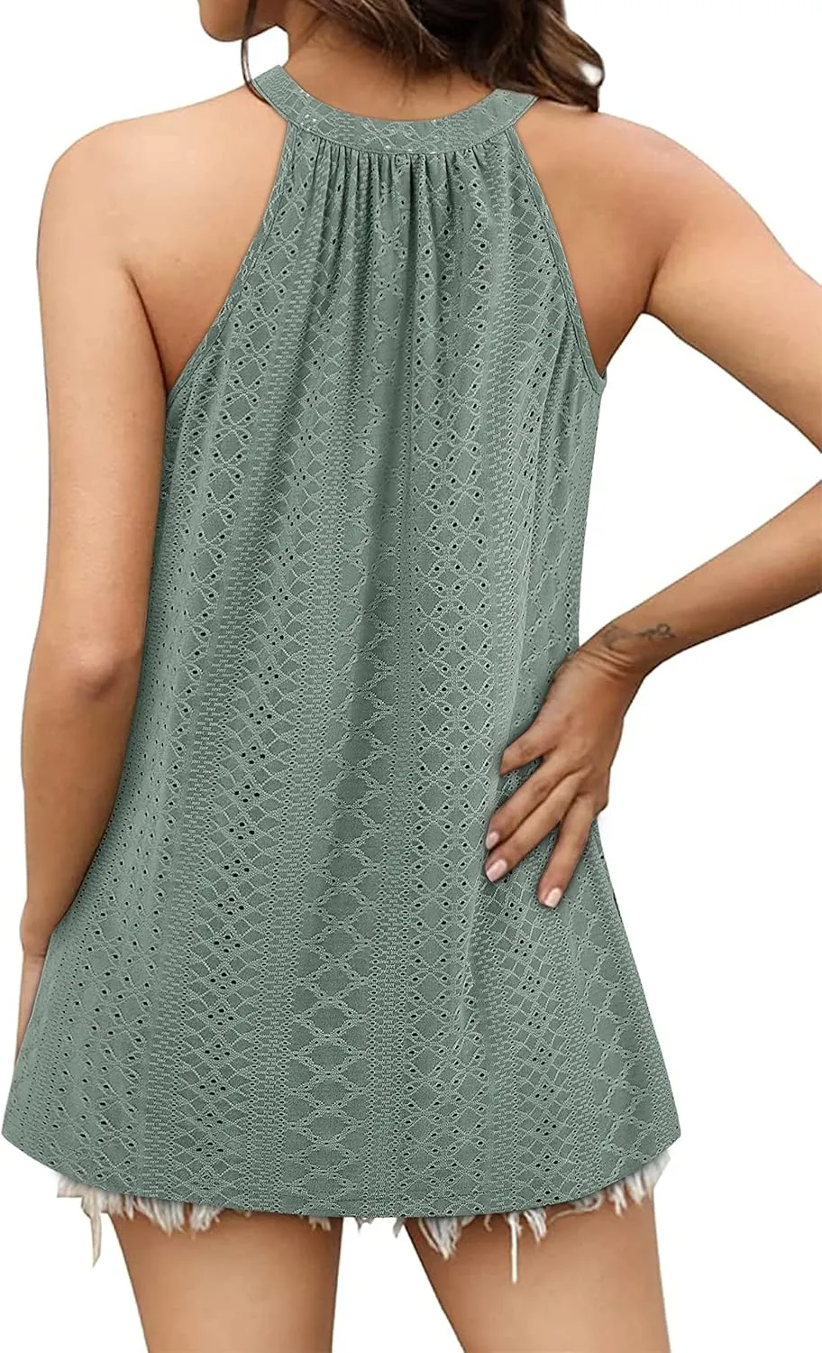 Zwurew Tank Top for Women Loose Fit High Neck Sleeveless Halter Tops Casual Pleated Eyelet Summer Flowy Cami Shirts Blouse