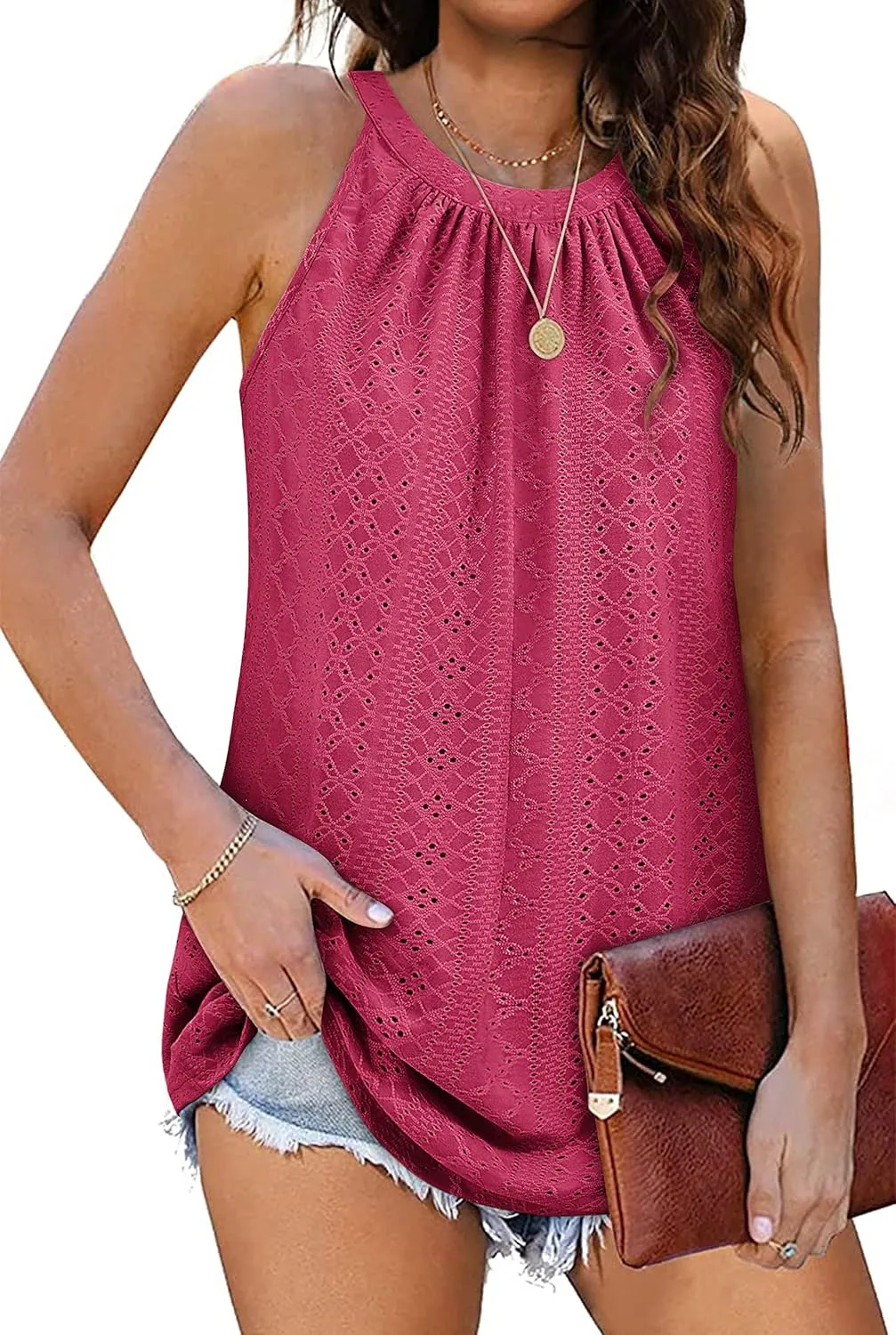 Zwurew Tank Top for Women Loose Fit High Neck Sleeveless Halter Tops Casual Pleated Eyelet Summer Flowy Cami Shirts Blouse
