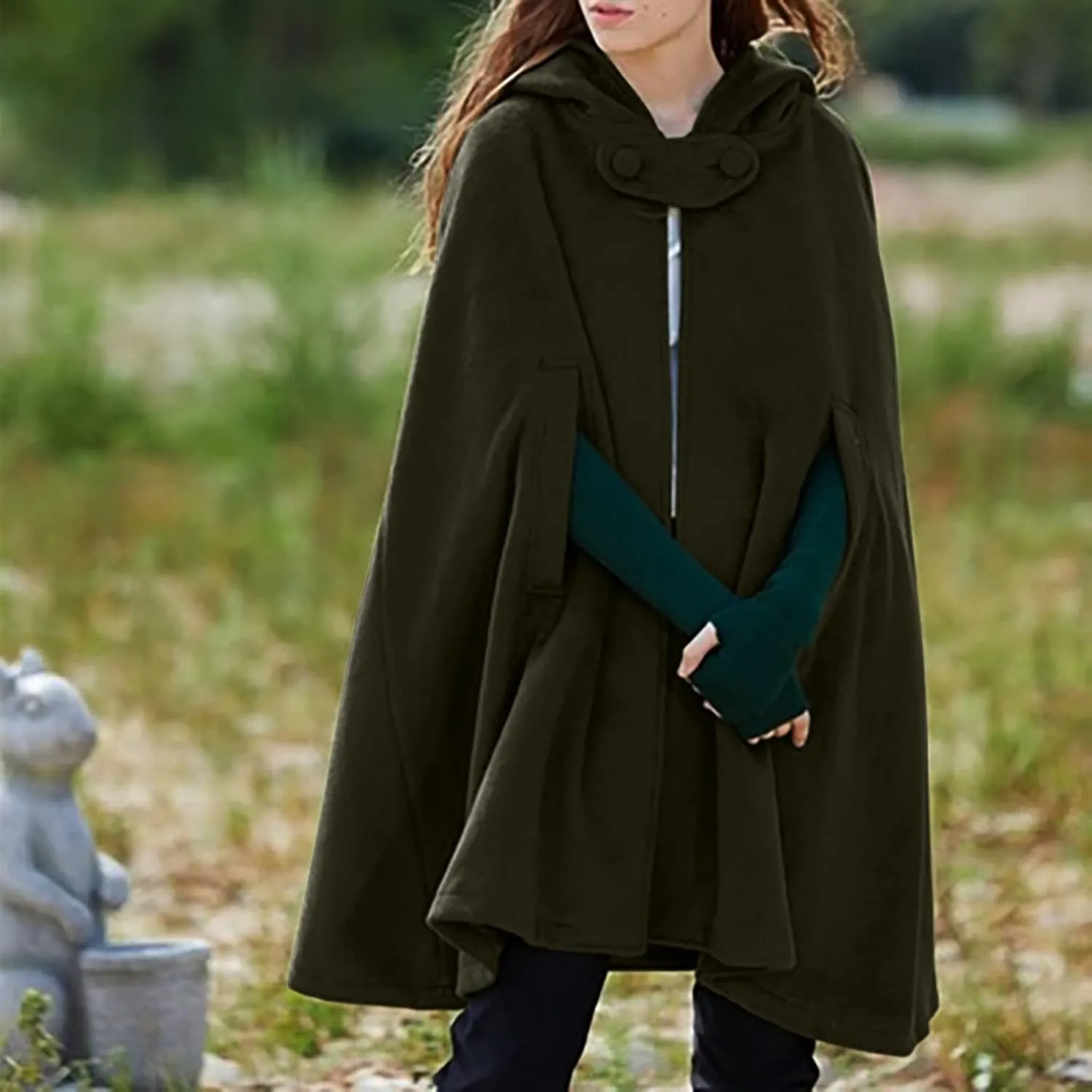 ZYXTIM Women's Wool Blend Hooded Poncho Cape Button Open Front Fall Winter Warm Pea Coat Cloak Elegant Classy Maxi Cape Coat