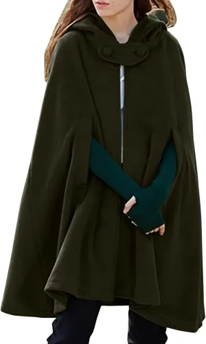 ZYXTIM Women's Wool Blend Hooded Poncho Cape Button Open Front Fall Winter Warm Pea Coat Cloak Elegant Classy Maxi Cape Coat